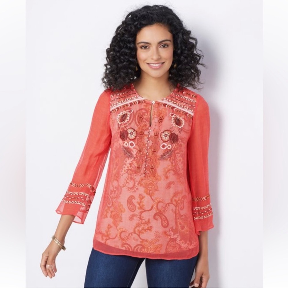 Soft Surroundings Tannon Embroidered Beaded Embroidered Blouse Size Large